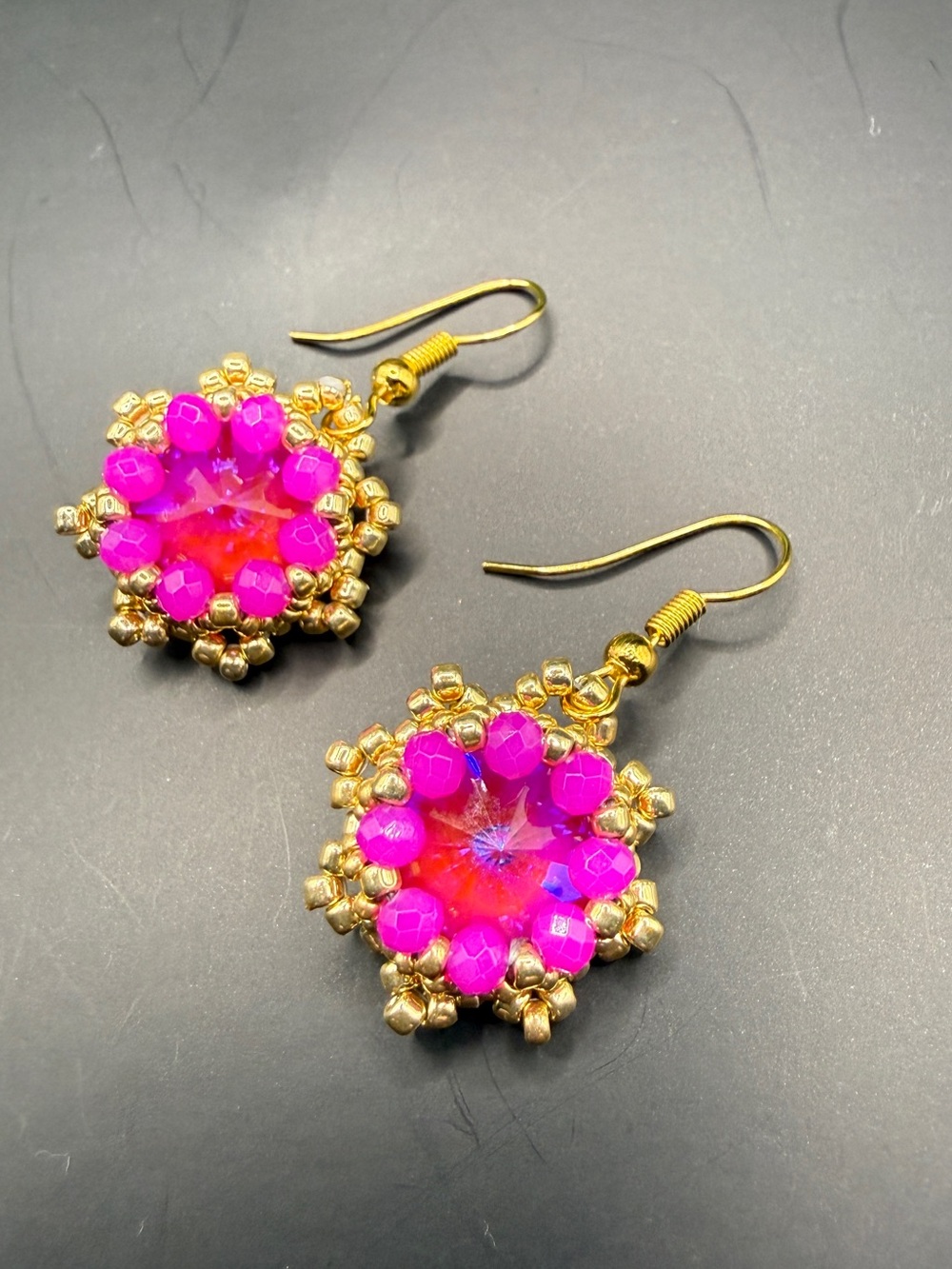 Gold-Tone Pink Crystal Flower Drop Earrings - Unbranded